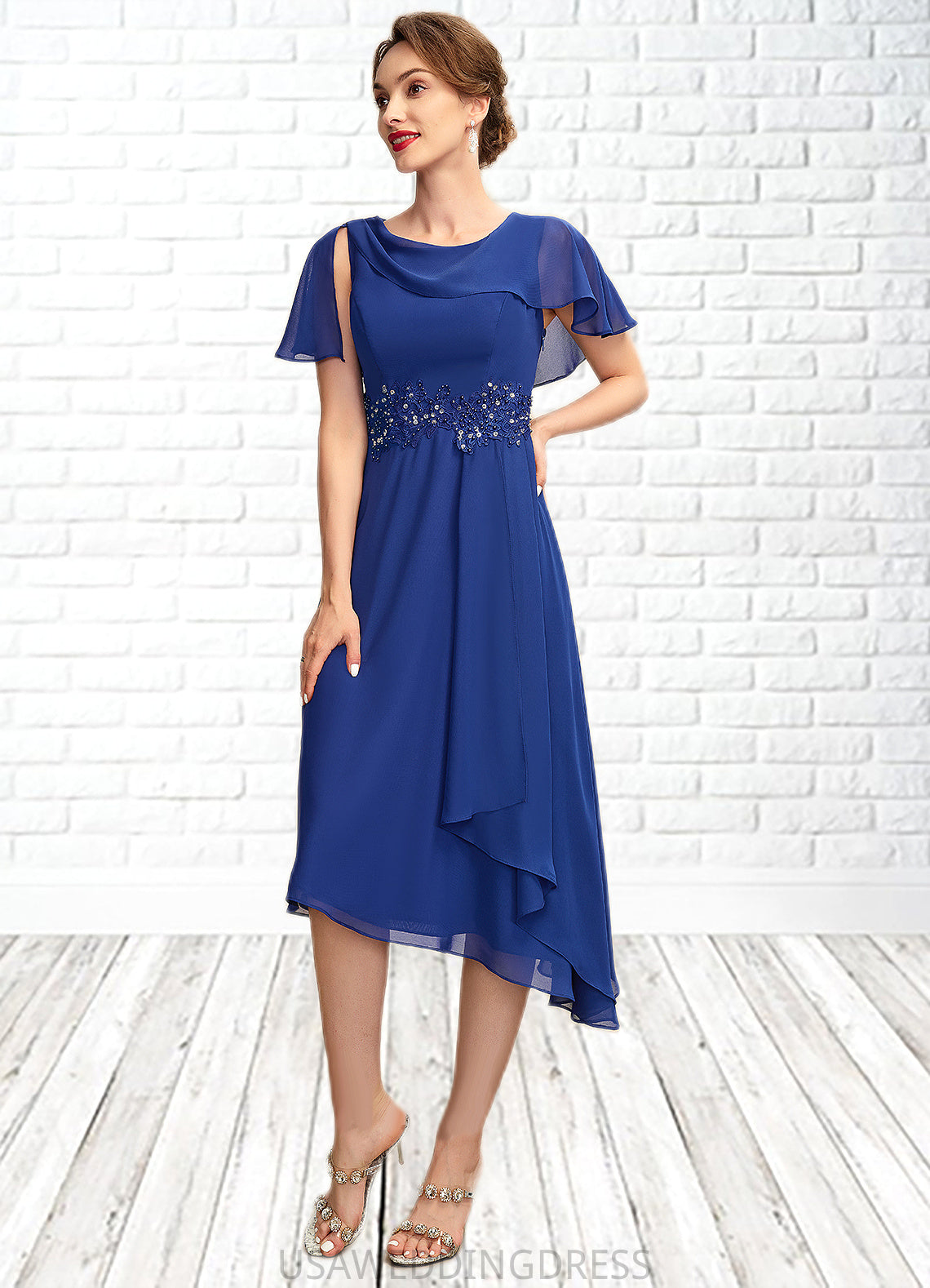Yaretzi A-Line Scoop Neck Asymmetrical Chiffon Mother of the Bride Dress With Beading Appliques Lace Cascading Ruffles DS126P0014998