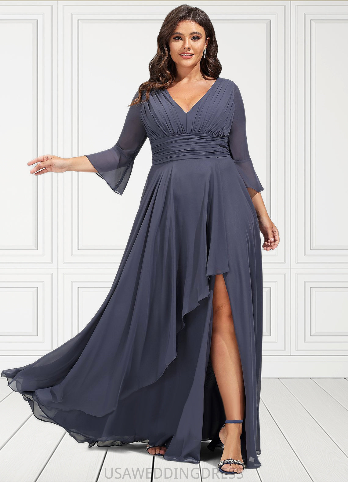 Yadira A-line V-Neck Floor-Length Chiffon Mother of the Bride Dress With Cascading Ruffles DS126P0021653