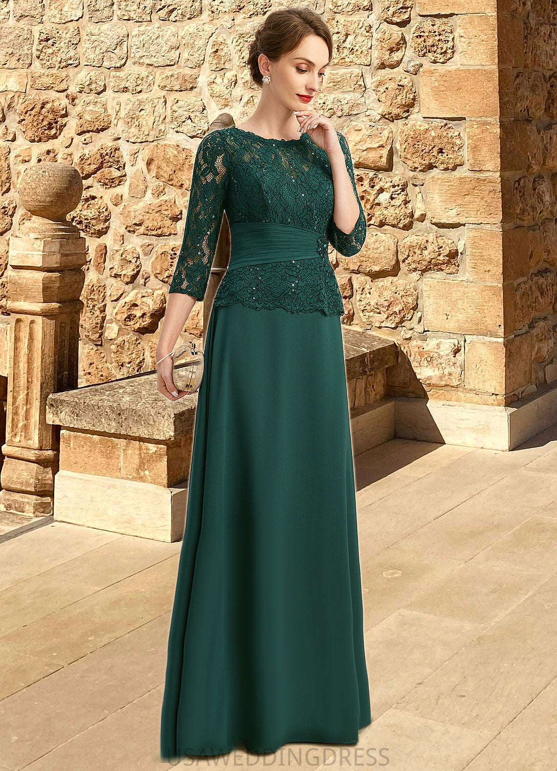 Xiomara A-line Scoop Illusion Floor-Length Chiffon Lace Mother of the Bride Dress With Beading Pleated Sequins DS126P0021700