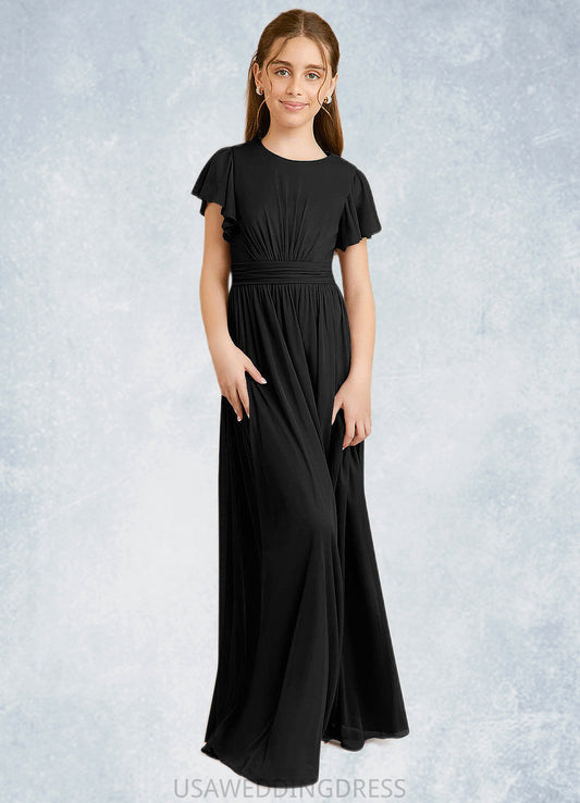 Abigayle A-Line Ruched Mesh Floor-Length Junior Bridesmaid Dress black DSP0022857