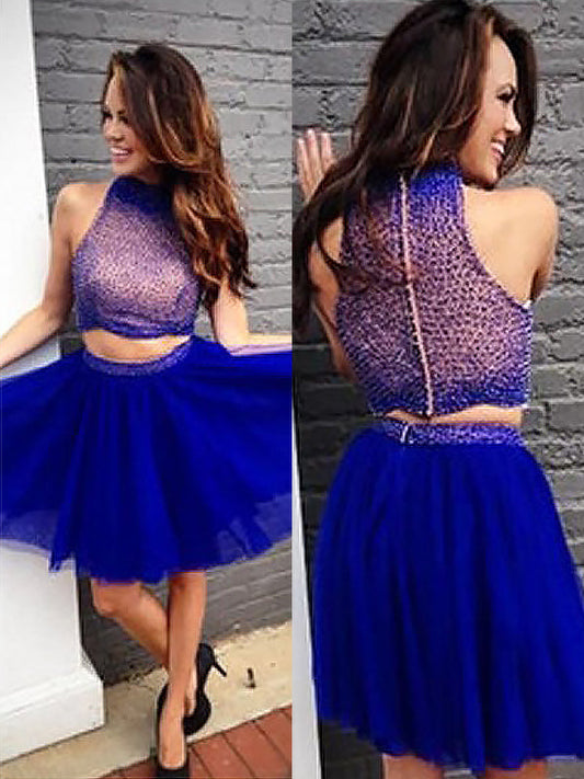 2024 A-Line Halter Sleeveless Homecoming Dresses Angelica Two Piece Beading Tulle Cut Short/Mini