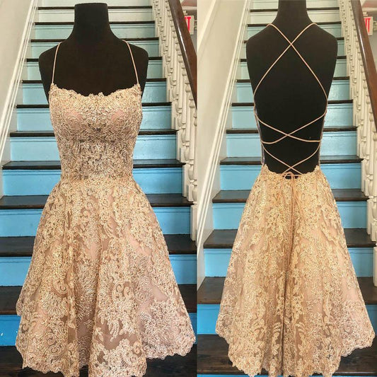 Unique Spaghetti Straps Crisscross Back A-Line Lace Kylie Homecoming Dresses Short Gold CD04