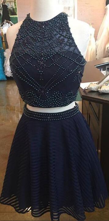 Two Sienna Homecoming Dresses Piece Short Navy Blue Beads CD2609