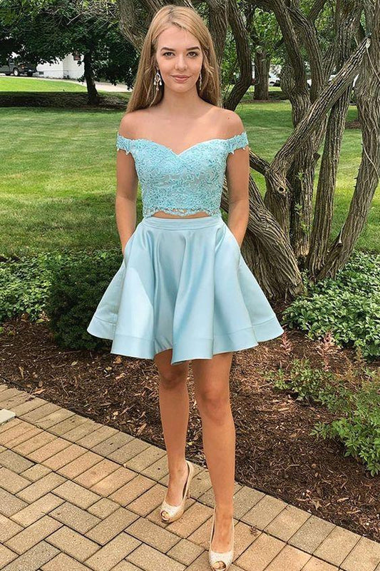 Two Sandy Homecoming Dresses Piece Off-The-Shoulder Blue With Appliques CD4503