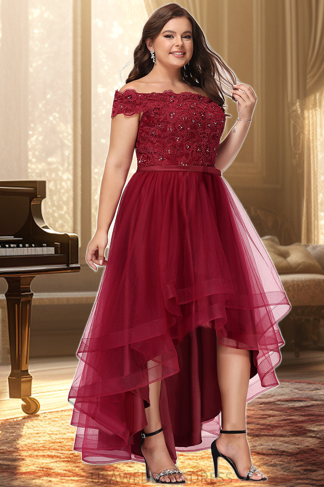 Ruby A-line Off the Shoulder Asymmetrical Lace Tulle Homecoming Dress With Beading Bow Sequins DSP0020535