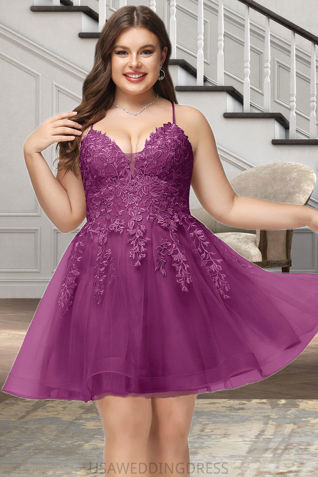 Mila A-line V-Neck Short/Mini Lace Tulle Homecoming Dress With Sequins DSP0020500