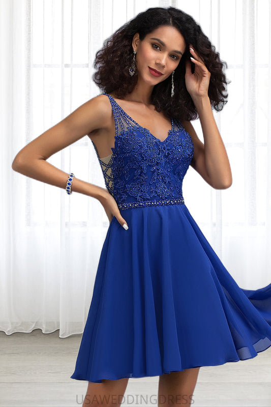 Marlee A-line V-Neck Short/Mini Chiffon Lace Homecoming Dress With Beading DSP0020563
