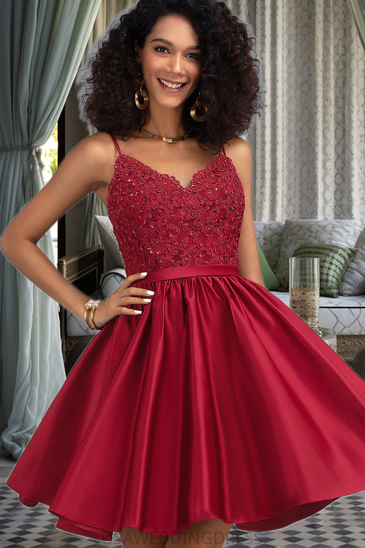 Penelope A-line V-Neck Short/Mini Lace Satin Homecoming Dress With Beading DSP0020554