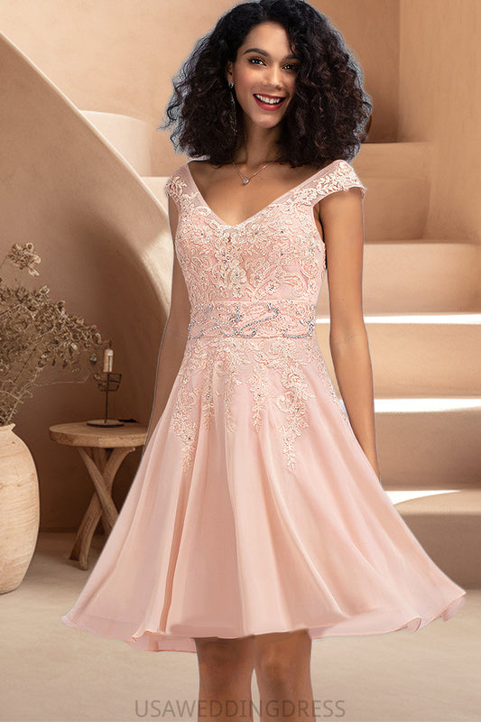 Ayana A-line V-Neck Knee-Length Chiffon Lace Homecoming Dress With Beading DSP0020565