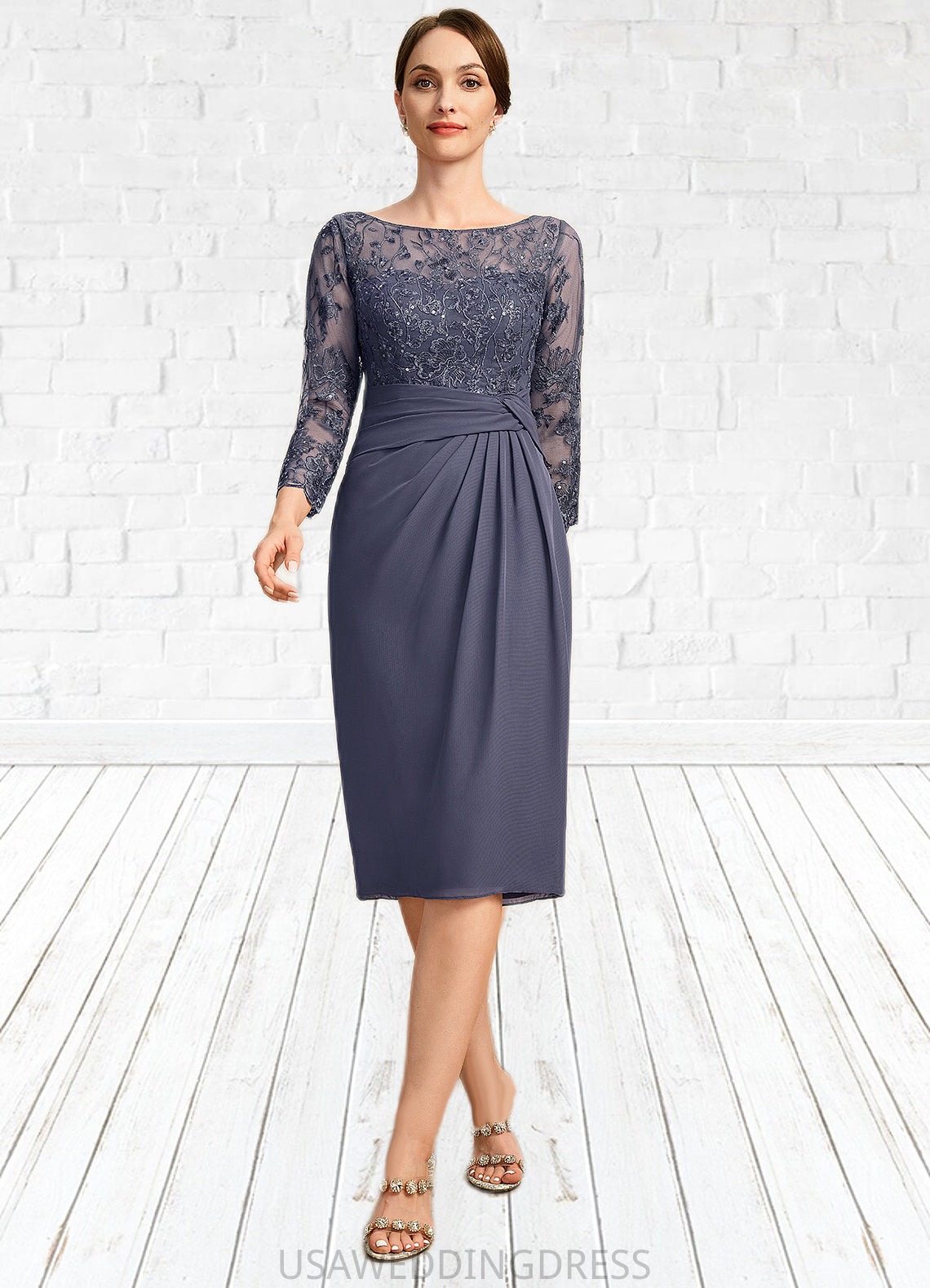 Zoe Sheath/Column Scoop Illusion Knee-Length Chiffon Lace Mother of the Bride Dress With Pleated Sequins DS126P0021739