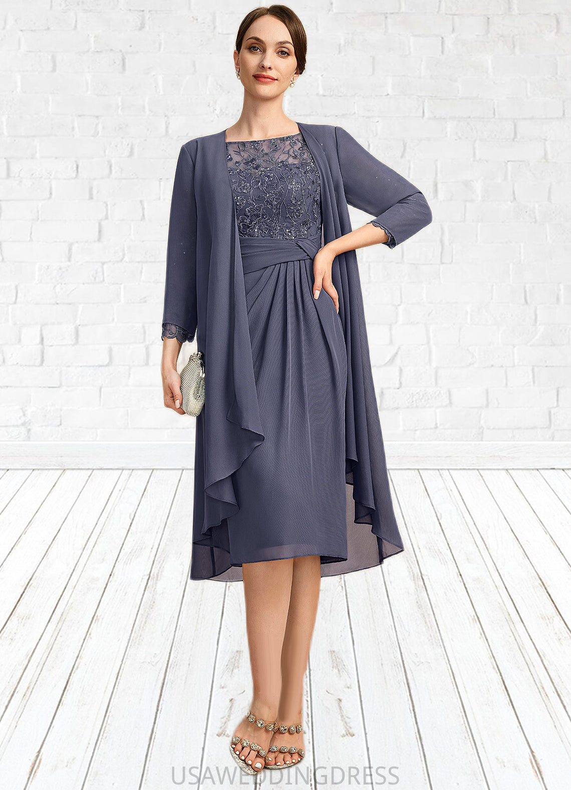 Zoe Sheath/Column Scoop Illusion Knee-Length Chiffon Lace Mother of the Bride Dress With Pleated Sequins DS126P0021739