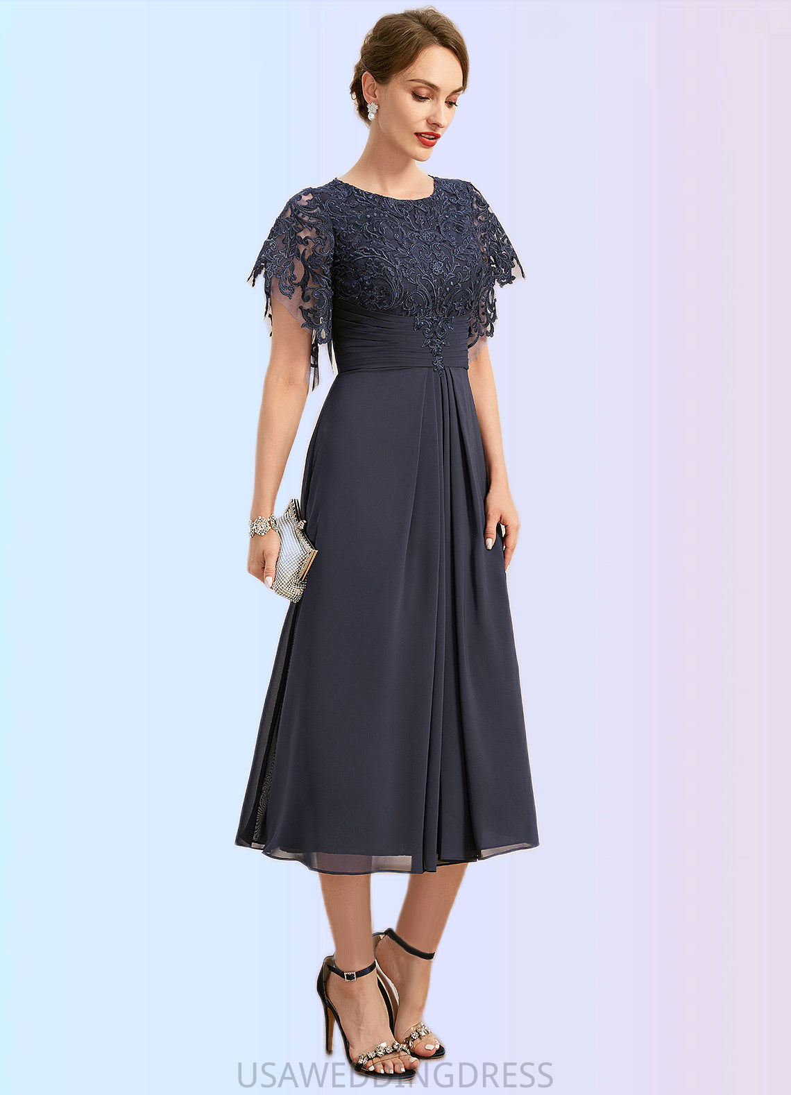 Zoie A-line Scoop Tea-Length Chiffon Lace Mother of the Bride Dress With Pleated DS126P0021928