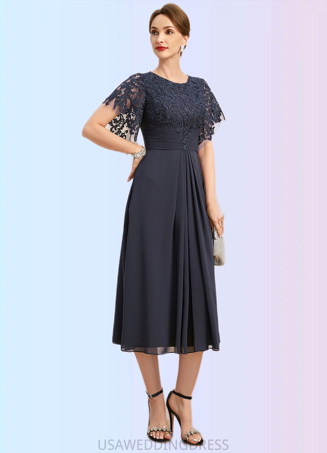Zoie A-line Scoop Tea-Length Chiffon Lace Mother of the Bride Dress With Pleated DS126P0021928