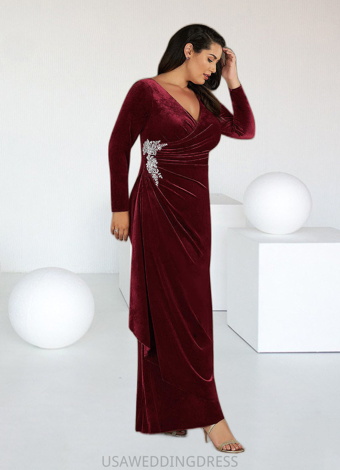 Angela Mermaid V-Neck Pleated Velvet Floor-Length Dress DSP0022683