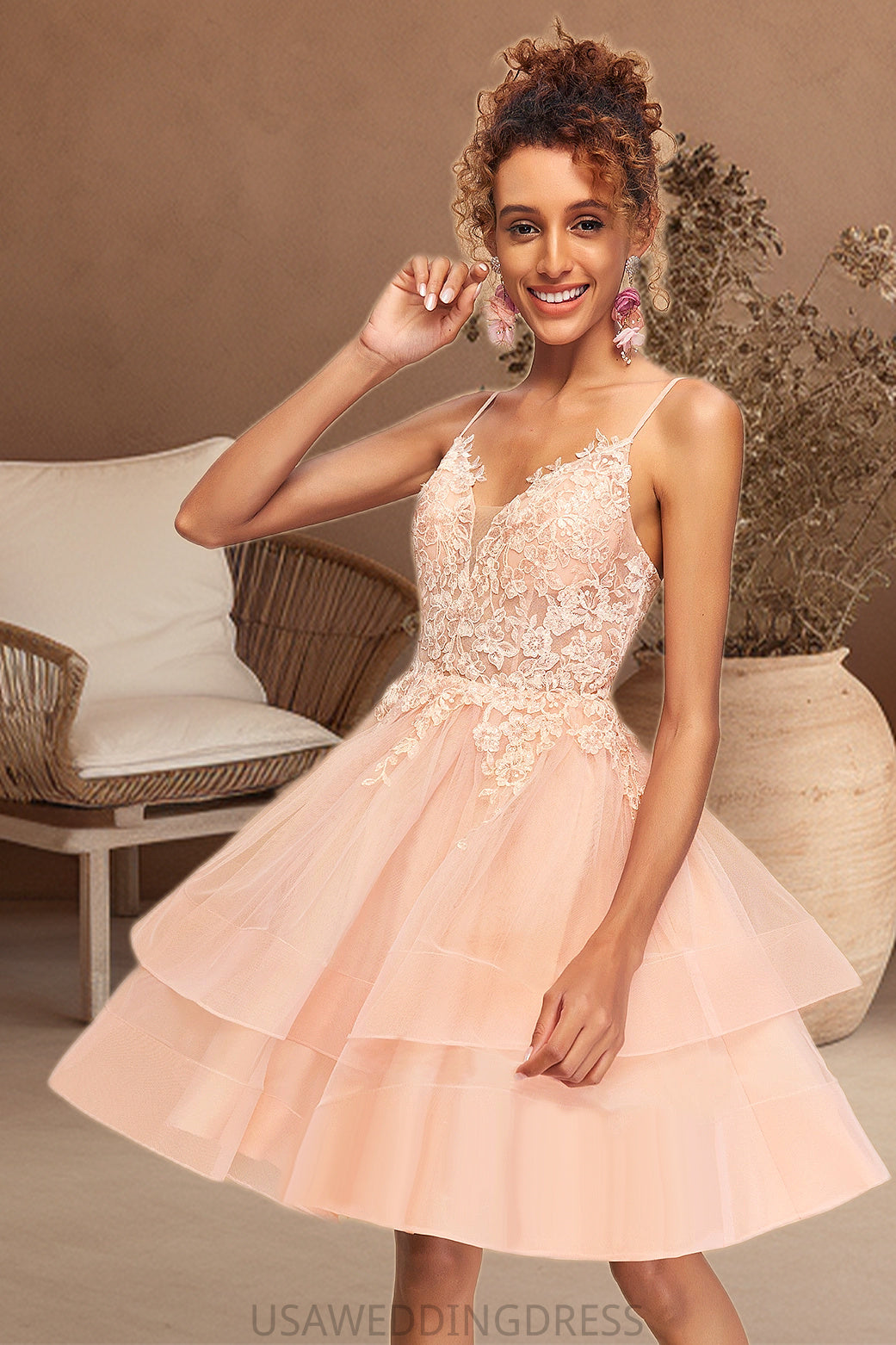 Ashlyn A-line V-Neck Short/Mini Lace Tulle Homecoming Dress DSP0020524