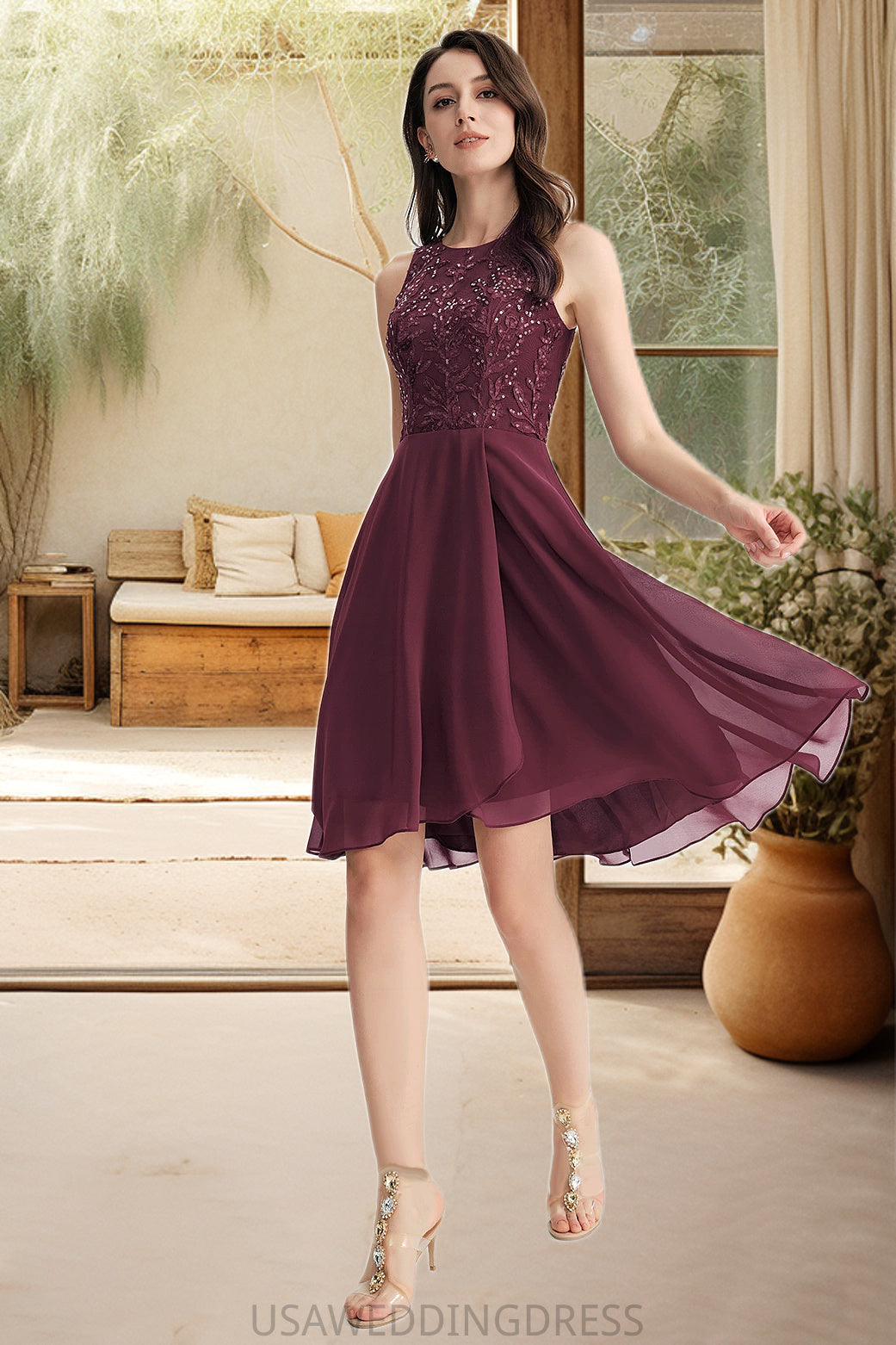 Christina A-line Scoop Asymmetrical Chiffon Lace Homecoming Dress With Sequins DSP0020516