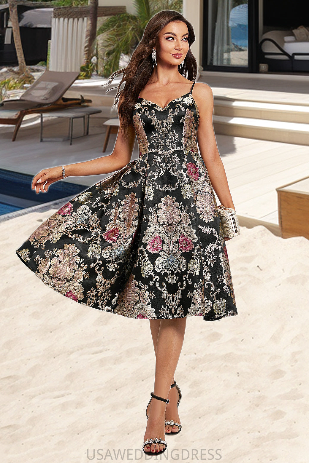 Leah A-line V-Neck Knee-Length Lace Satin Homecoming Dress With Flower DSP0020521