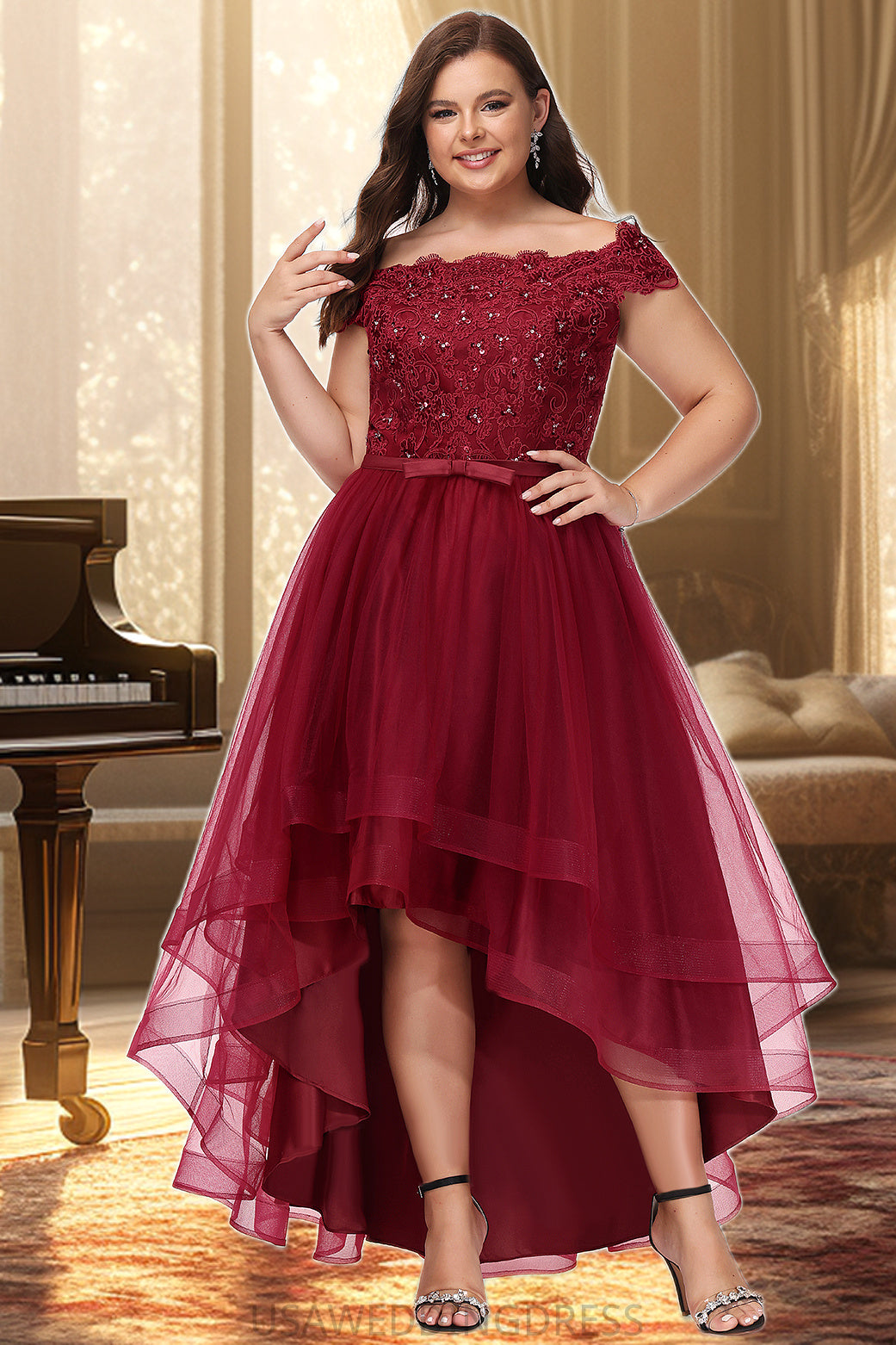 Ruby A-line Off the Shoulder Asymmetrical Lace Tulle Homecoming Dress With Beading Bow Sequins DSP0020535