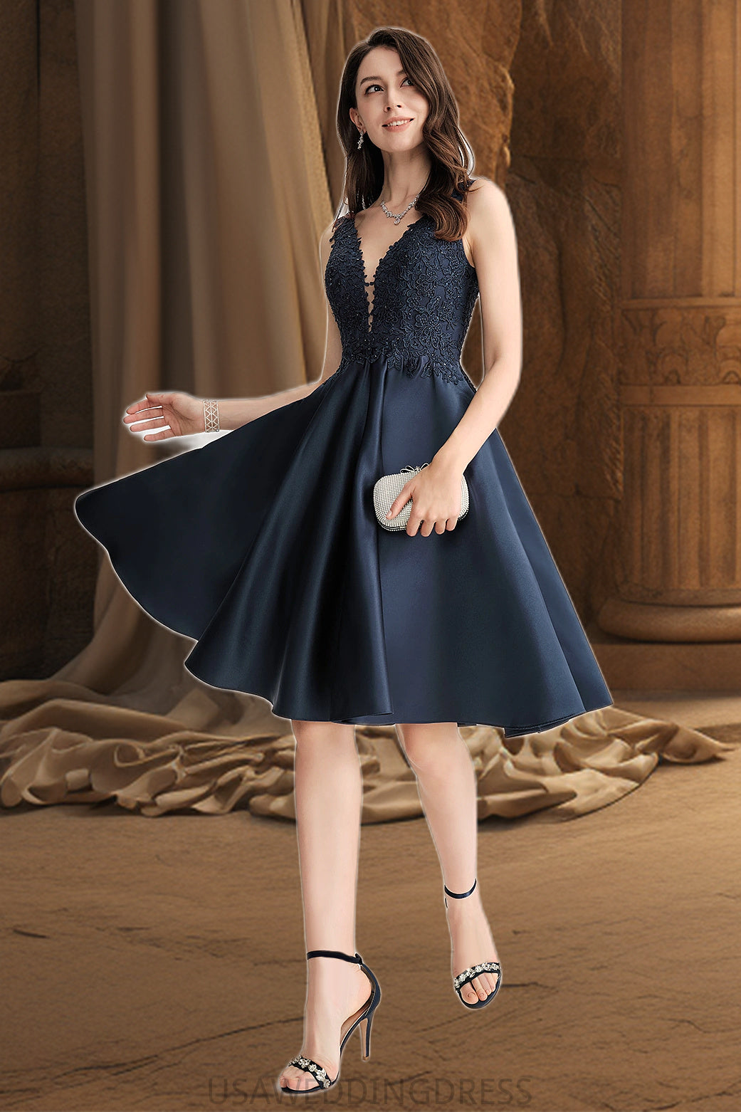 Scarlett A-line V-Neck Knee-Length Lace Satin Homecoming Dress With Beading DSP0020517