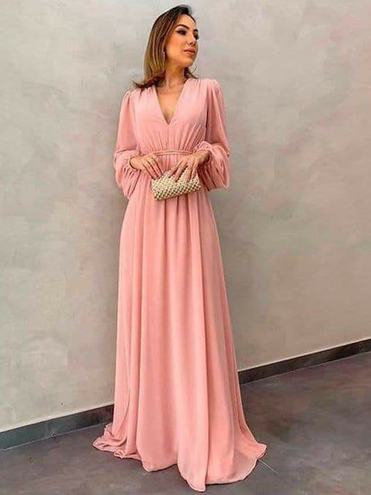 Angeline A-Line/Princess Chiffon Ruffles V-neck Long Sleeves Sweep/Brush Train Mother of the Bride Dresses DSP0020407