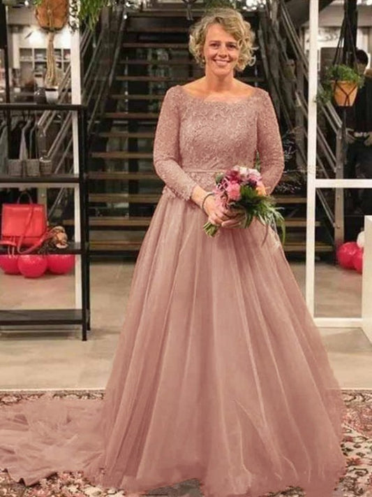 Makaila A-Line/Princess Tulle Applique Scoop Long Sleeves Court Train Mother of the Bride Dresses DSP0020413