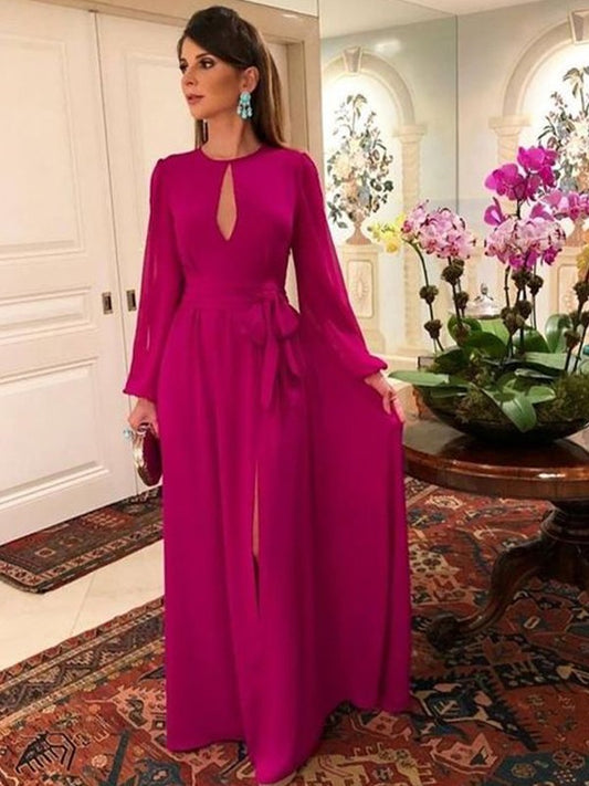Bella A-Line/Princess Chiffon Ruched Scoop Long Sleeves Floor-Length Mother of the Bride Dresses DSP0020417