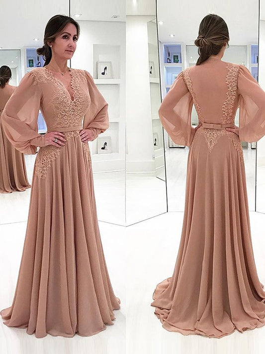Jasmine A-Line/Princess Chiffon Lace V-neck Long Sleeves Sweep/Brush Train Mother of the Bride Dresses DSP0020421