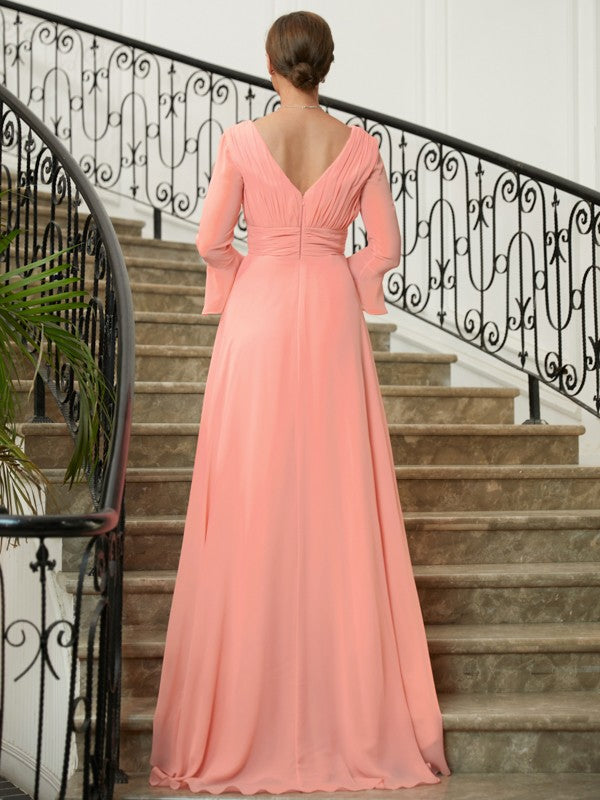 Lucy A-Line/Princess Chiffon Ruched V-neck Long Sleeves Sweep/Brush Train Mother of the Bride Dresses DSP0020305