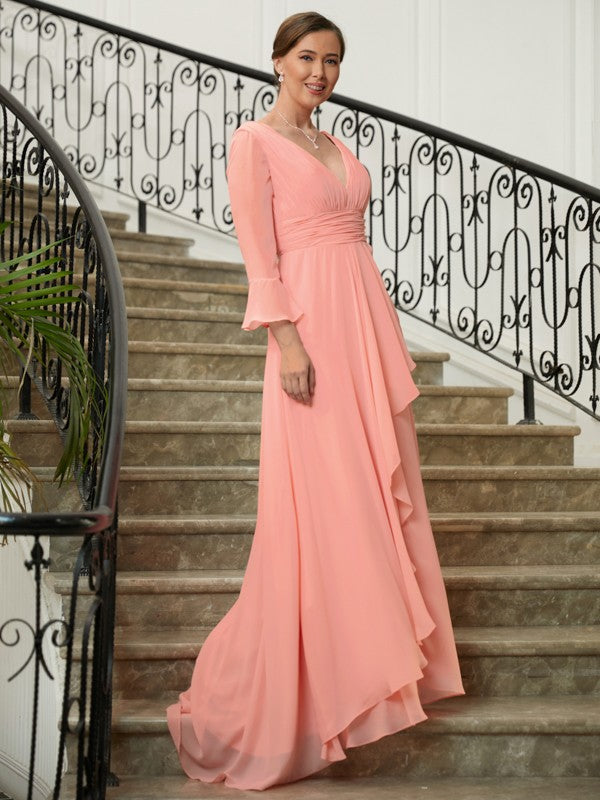 Lucy A-Line/Princess Chiffon Ruched V-neck Long Sleeves Sweep/Brush Train Mother of the Bride Dresses DSP0020305