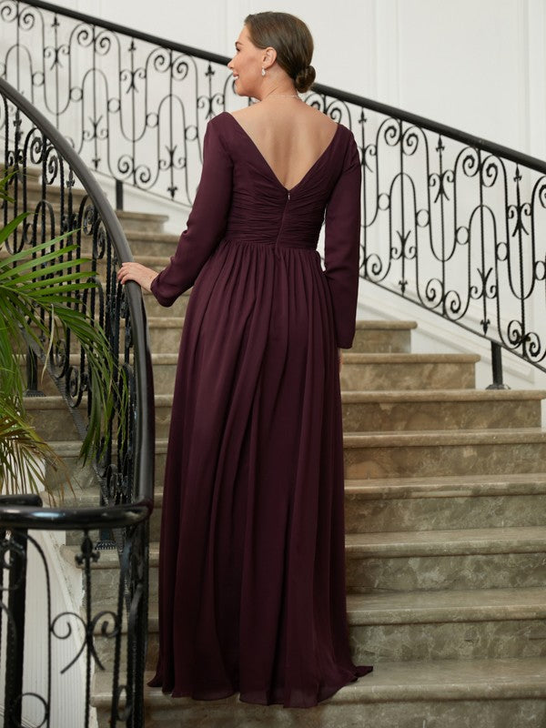 Madeline A-Line/Princess Chiffon Ruched V-neck Long Sleeves Floor-Length Mother of the Bride Dresses DSP0020345