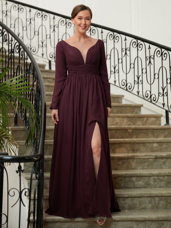 Madeline A-Line/Princess Chiffon Ruched V-neck Long Sleeves Floor-Length Mother of the Bride Dresses DSP0020345