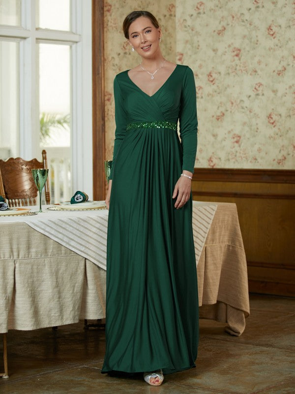 Shayla A-Line/Princess Jersey Beading V-neck Long Sleeves Sweep/Brush Train Mother of the Bride Dresses DSP0020357