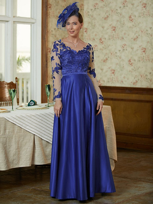 Lucy A-Line/Princess Satin Applique V-neck Long Sleeves Floor-Length Mother of the Bride Dresses DSP0020358