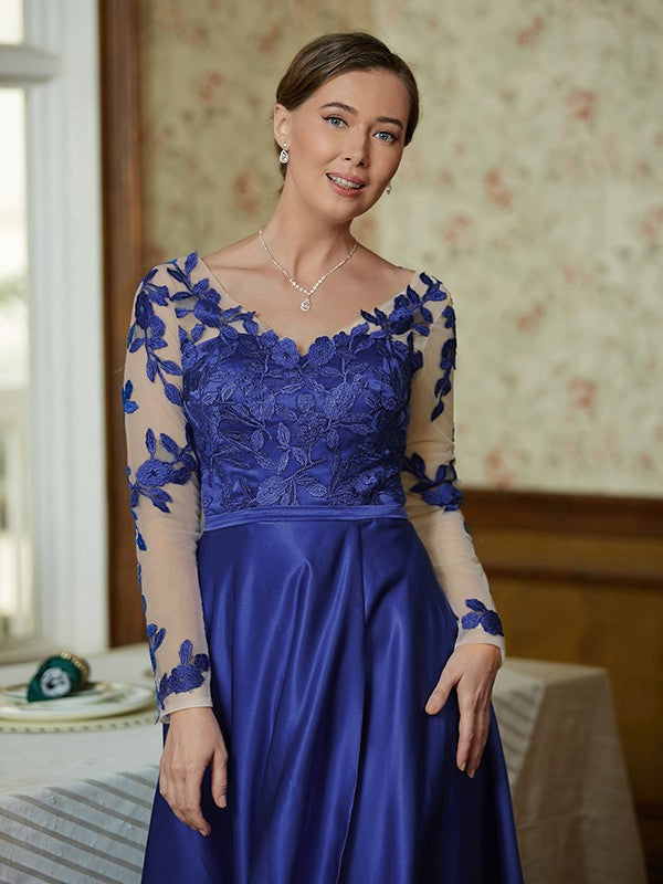 Lucy A-Line/Princess Satin Applique V-neck Long Sleeves Floor-Length Mother of the Bride Dresses DSP0020358