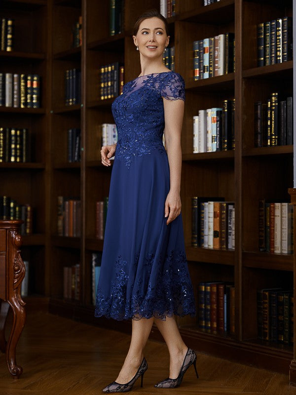 Eve A-Line/Princess Chiffon Applique Bateau Short Sleeves Tea-Length Mother of the Bride Dresses DSP0020275