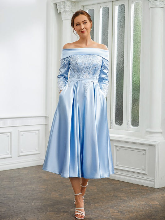 Leia A-Line/Princess Elastic Woven Satin Ruched Off-the-Shoulder Long Sleeves Tea-Length Mother of the Bride Dresses DSP0020269