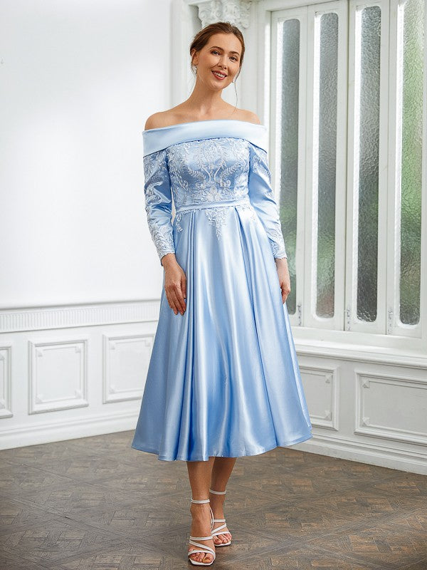 Leia A-Line/Princess Elastic Woven Satin Ruched Off-the-Shoulder Long Sleeves Tea-Length Mother of the Bride Dresses DSP0020269