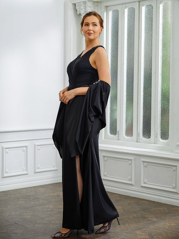 Carla Sheath/Column Jersey Ruched V-neck Sleeveless Floor-Length Mother of the Bride Dresses DSP0020246