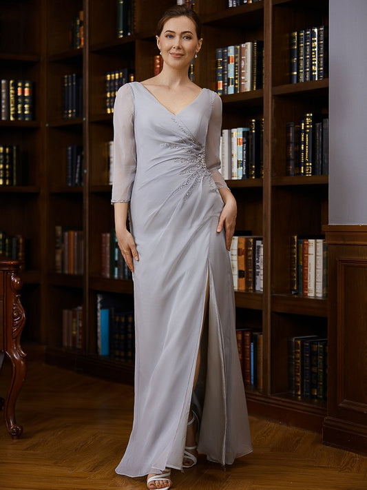 Estrella Sheath/Column 30D Chiffon Beading V-neck 3/4 Sleeves Floor-Length Mother of the Bride Dresses DSP0020247