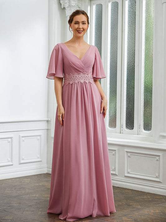 Marina A-Line/Princess Chiffon Ruched V-neck 1/2 Sleeves Floor-Length Mother of the Bride Dresses DSP0020248