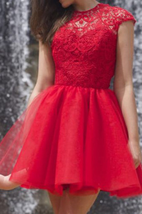 Luxury Red Round Neck A Line With Lace Appliques Homecoming Dresses