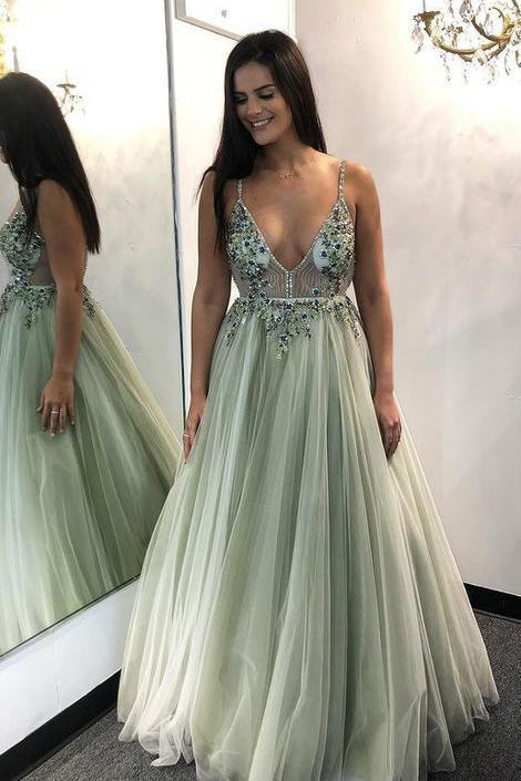 Dusty Sage A-Line Tulle Sexy Graduation School Party Gown Beading Long Prom Dresses