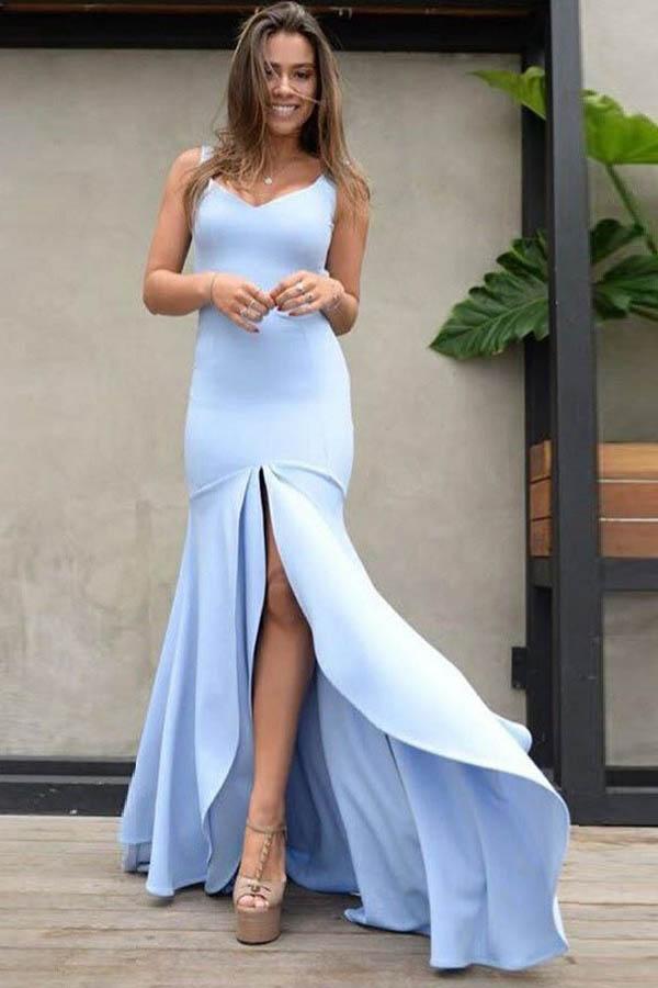 Charming Straps Blue Trumpet Backless Satin Split Prom Dresses