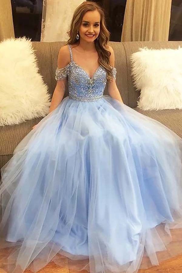 Sweetheart Spaghetti Straps Tulle With Beading Prom Dresses
