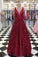 Stunning Burgundy V Neck Sleeveless Prom Dresses Floor Length A Line Formal Party Dresses