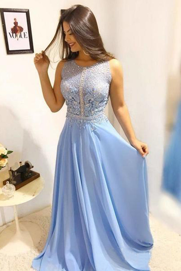 Stunning Round Neck Floor Length A Line Prom Dresses with Beading