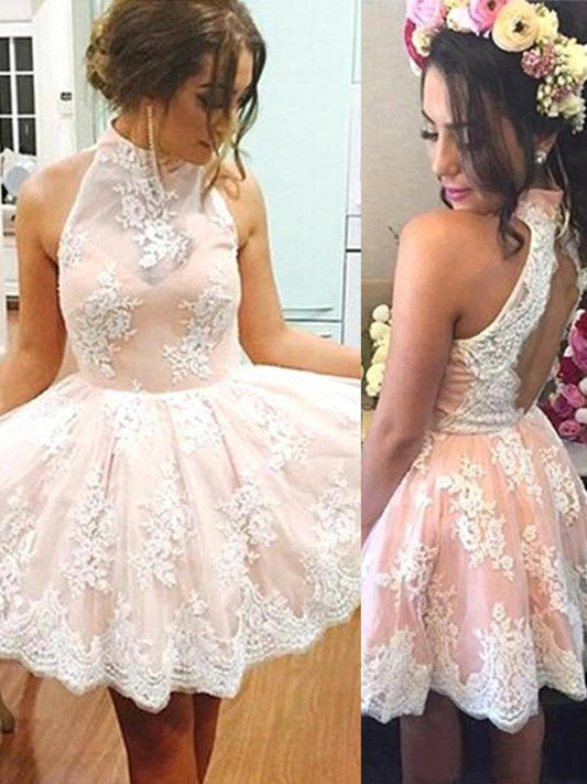 2024 A-Line Laci Homecoming Dresses Halter Sleeveless Applique Cut Out Tulle Cut Short/Mini