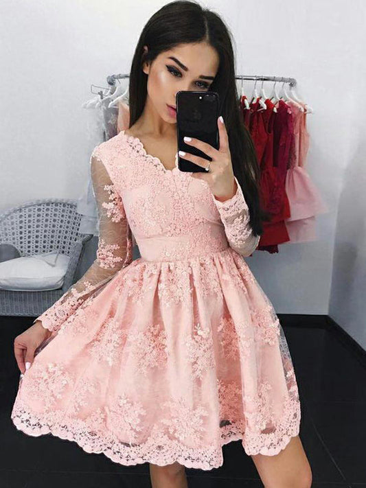 2024 A-Line V Neck Long Sleeve Applique Claire Lace Homecoming Dresses Pleated Cut Short/Mini