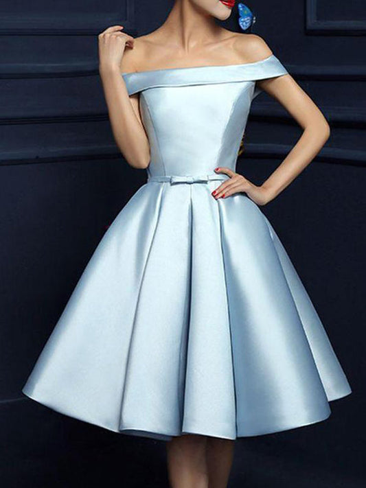2024 A-Line Homecoming Dresses Satin Lace Camilla Off-The-Shoulder Bowknot Knee-Length Up