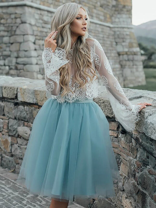 Lace Tanya Homecoming Dresses Two Piece See Through Scoop Neck Long Sleeve Tulle Ball Gown Knee-Length